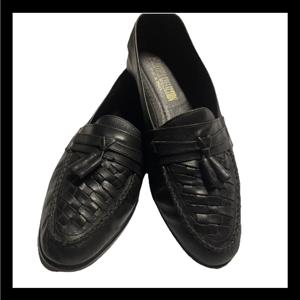 Men’s Black leather Leather Loafer Woven Tassel Sz 12 Slip On Dress Shoes Brazil